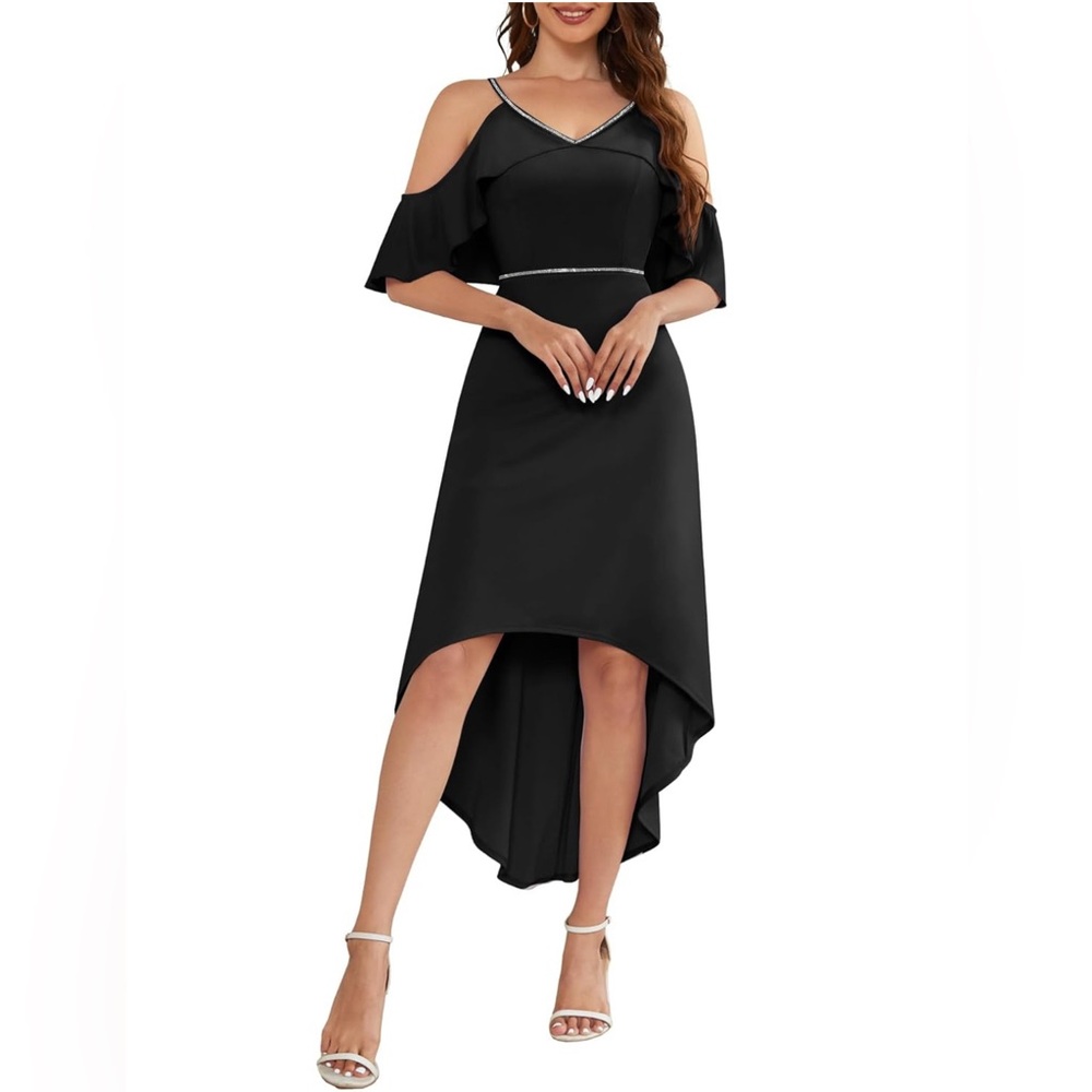 MUADRESS Prom Spaghetti Strap Flutter Sleeve Sparkly Flowy Ruffle Hi-Lo Dress